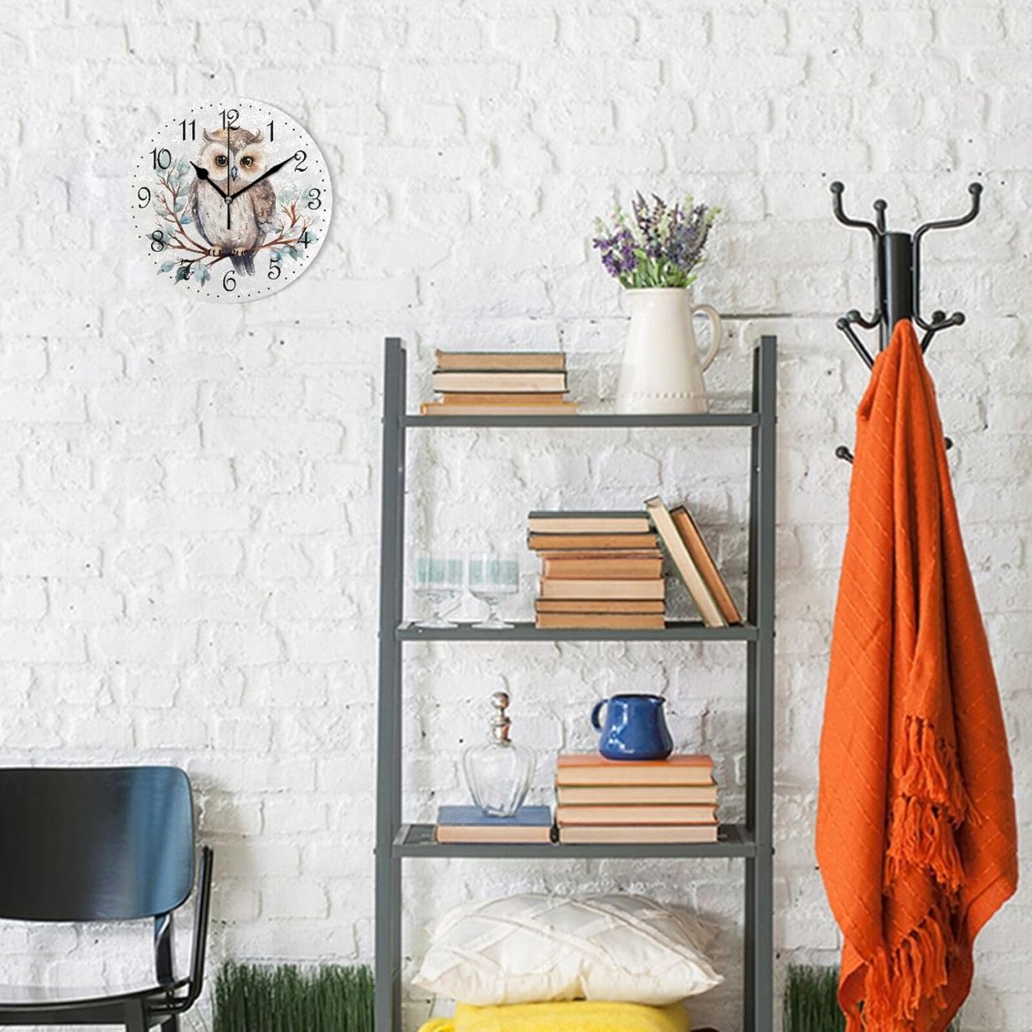 ALAZA Reloj de pared de invierno con búho en rama silencioso sin tictac, funciona con pilas, 10 pulgadas para el hogar, sala de estar, cocina, baño,