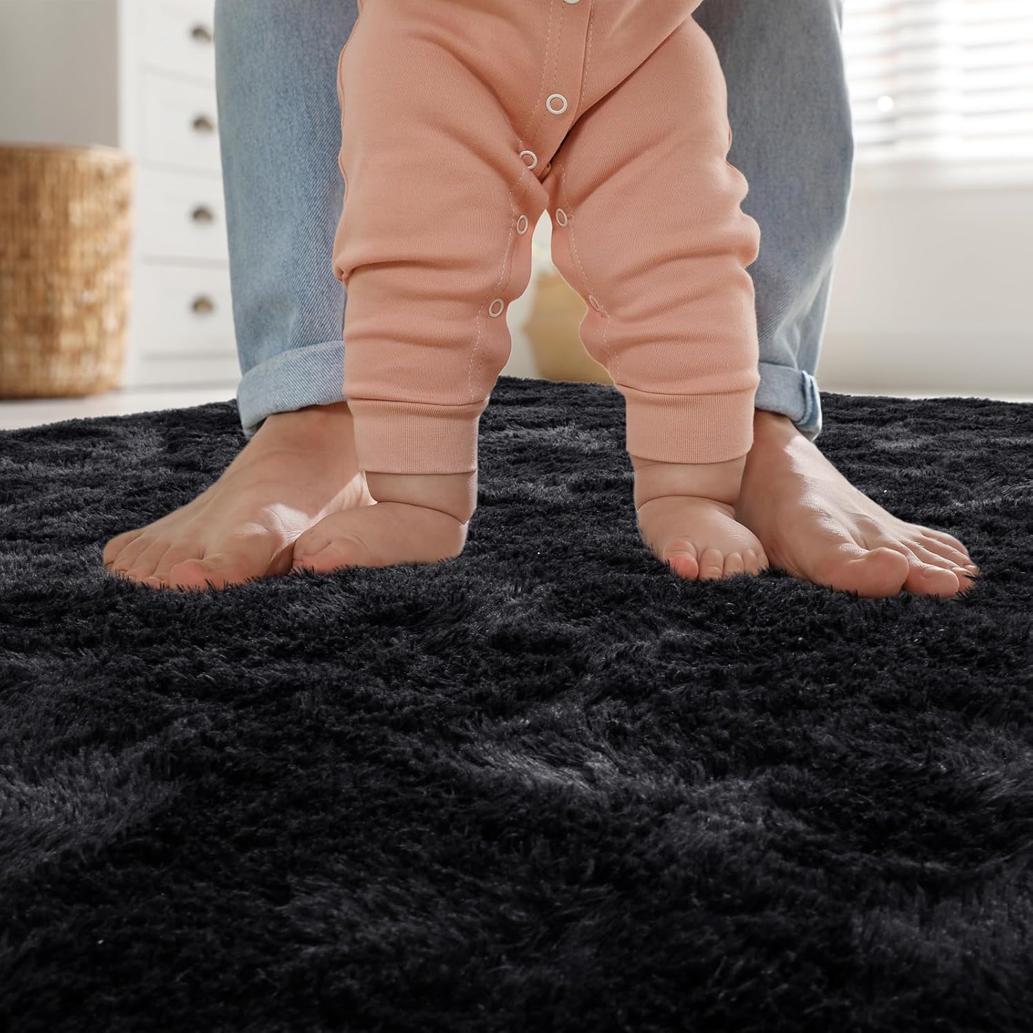 Alfombras negras ultrasuaves para dormitorio, de 7 x 10 pies, alfombras peludas para sala de estar, alfombra peluda grande y cómoda para niños,