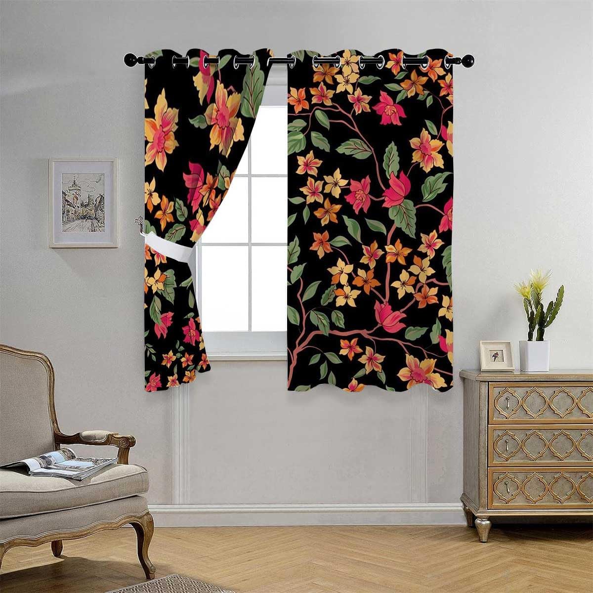 YANFENQI Cortinas para Sala Dark Floral Grommet Short Divisor De Habitaciones Window Noise Blocker 55Inch Width by 55Inch Length,2 Panels