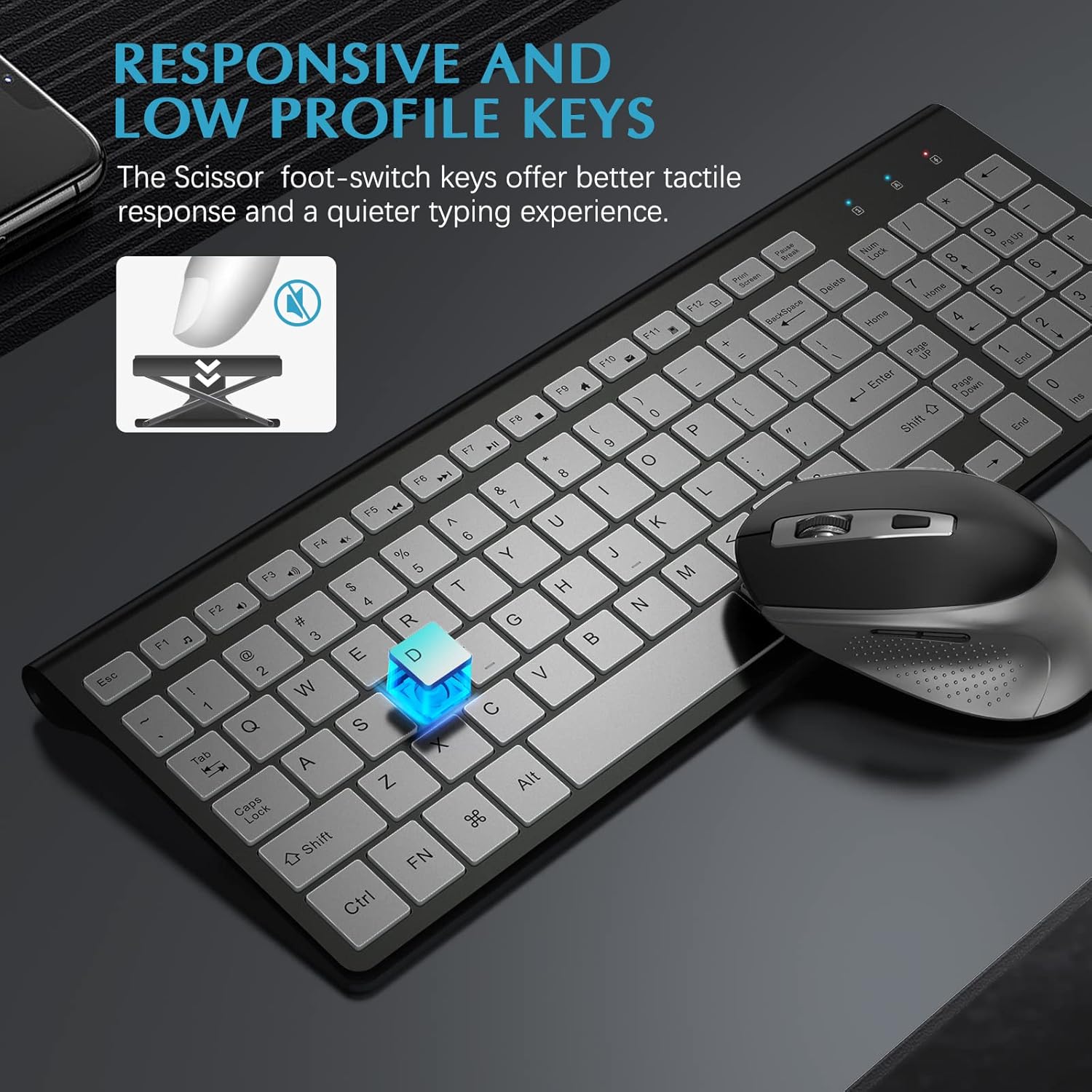 J JOYACCESS – Juego de teclado y mouse inalámbricos elegante y ergonómico de 2.4 G, portátil y cómodo para viajes, compatible con