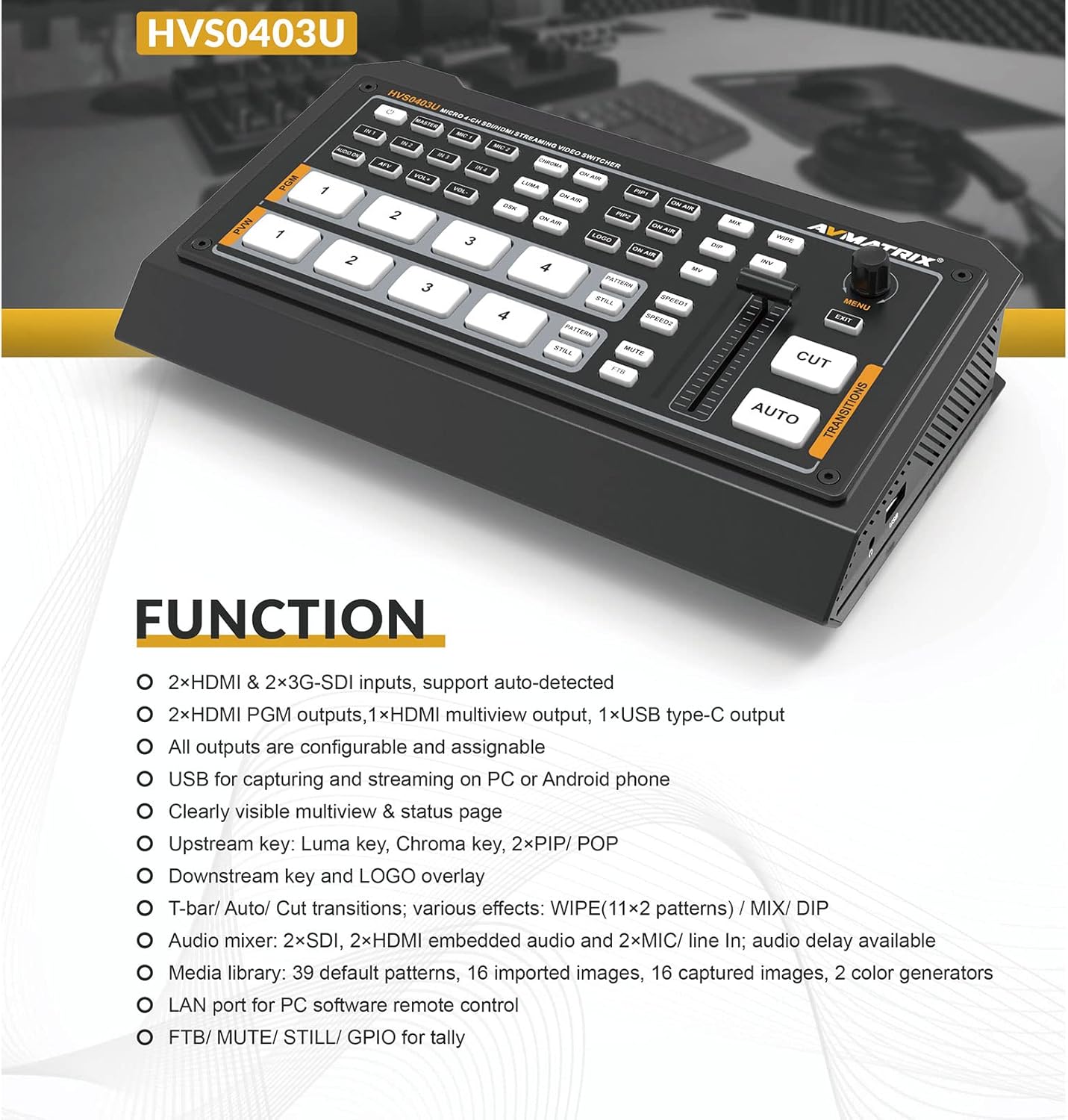 AVMATRIX HVS0403U Multi Formato Video Mezclador Switcher 2XHDMI 2XSDI Entradas Salida USB Transmisión en vivo en tiempo real Producción de cámaras