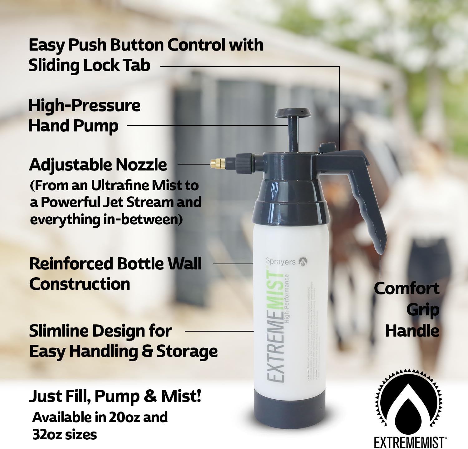 ExtremeMIST Mister equino de alto rendimiento, pulverizador de bomba de mano, botella rociadora estable portátil para el cuidado de los caballos,