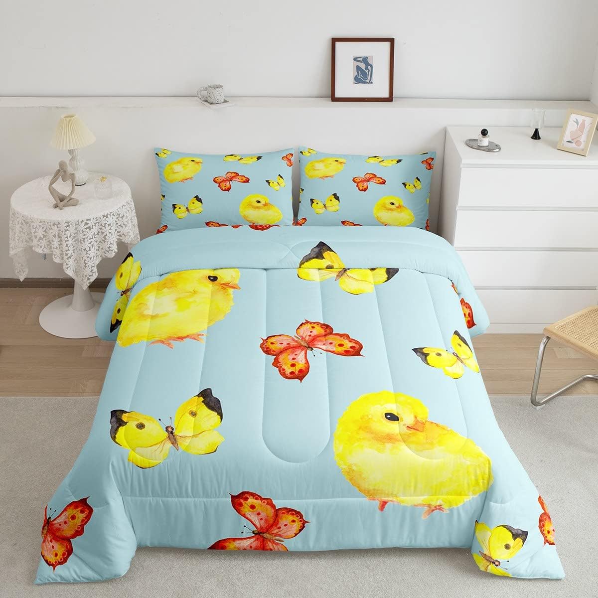 Erosebridal Lindo juego de edredón de pollo dorado para niños y niñas, juego de ropa de cama de mariposas de acuarela, relleno de edredón de pollo