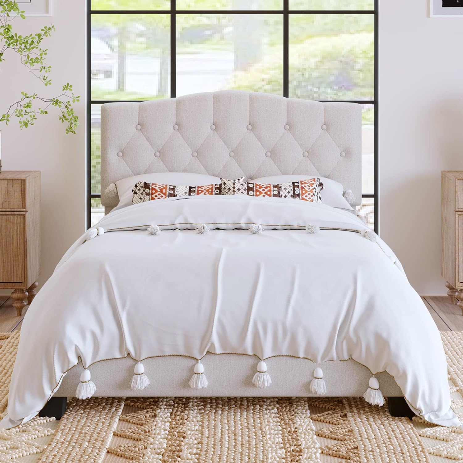 Cama de plataforma tapizada con cabecera curvada y detalles capitoné de diamante, soporte de listones de madera, no necesita somier, fácil montaje