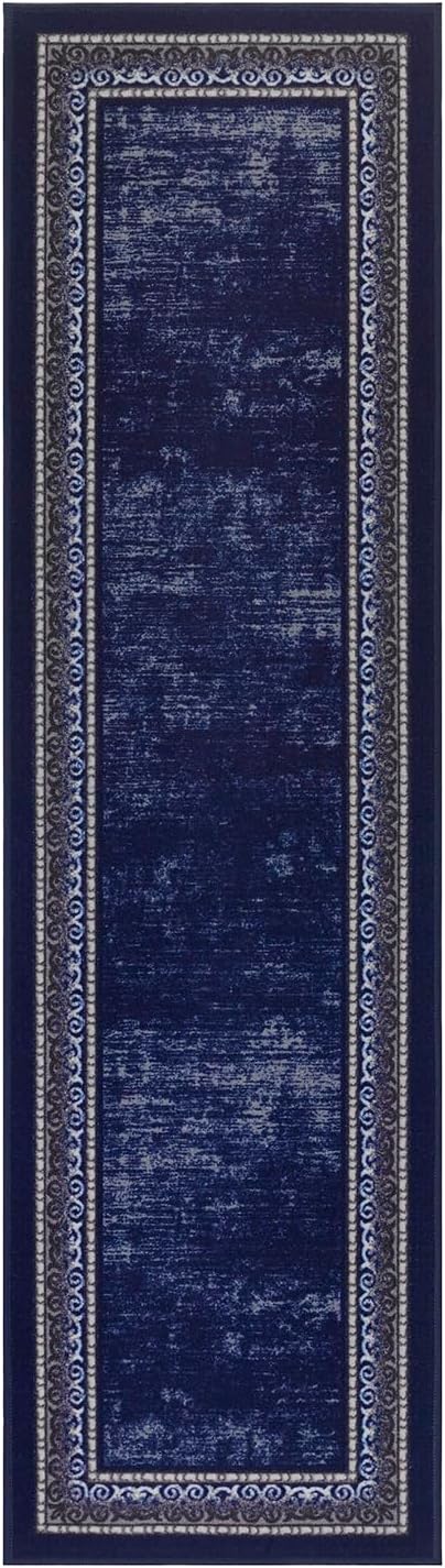 Antep Rugs Alfombras Bordered Modern – Alfombra antideslizante de 2 x 10 pies (antideslizante) con parte trasera de goma para interiores (azul