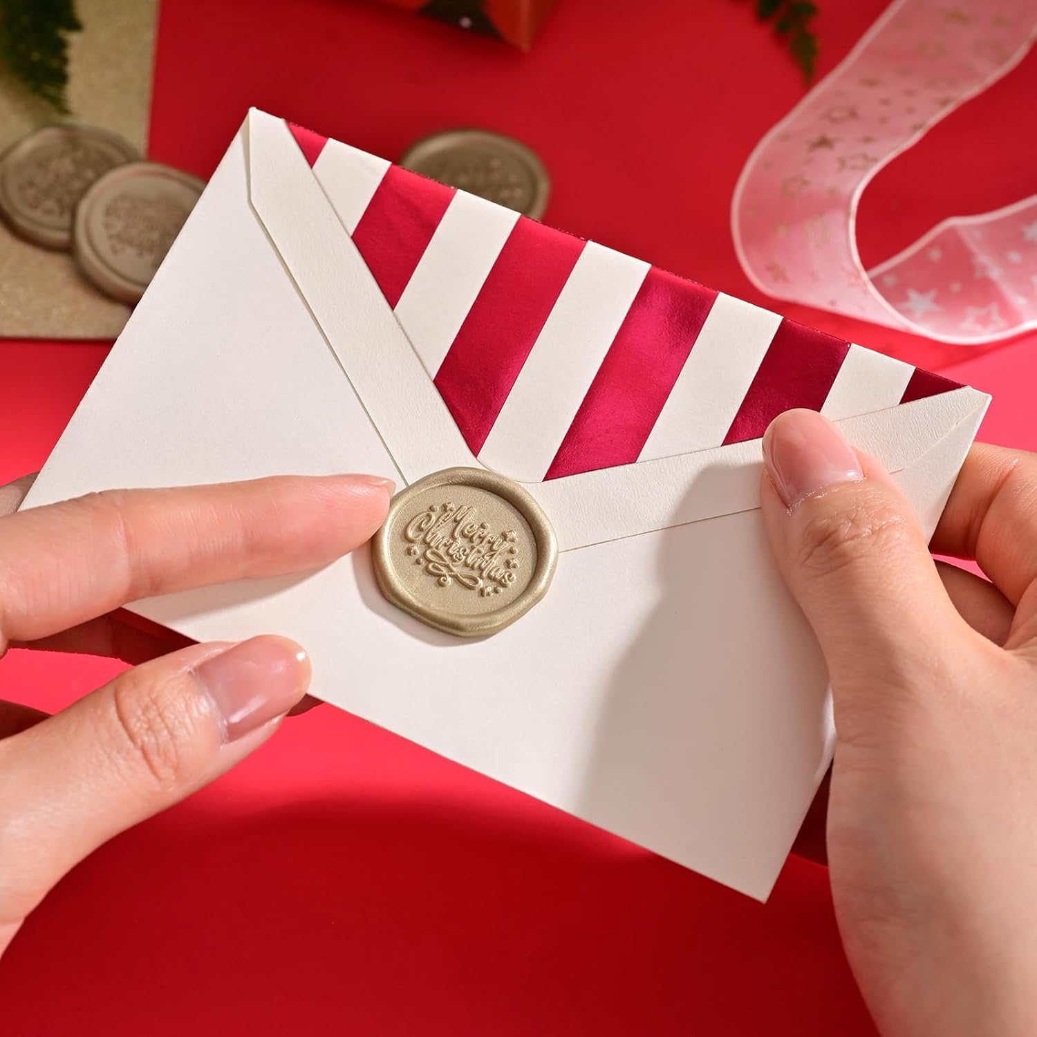 UNIQOOO Calcomanías de sello de cera de Navidad, calcomanías de sello de invitación de boda, 50 calcomanías autoadhesivas Prosecco Metallic Lignt
