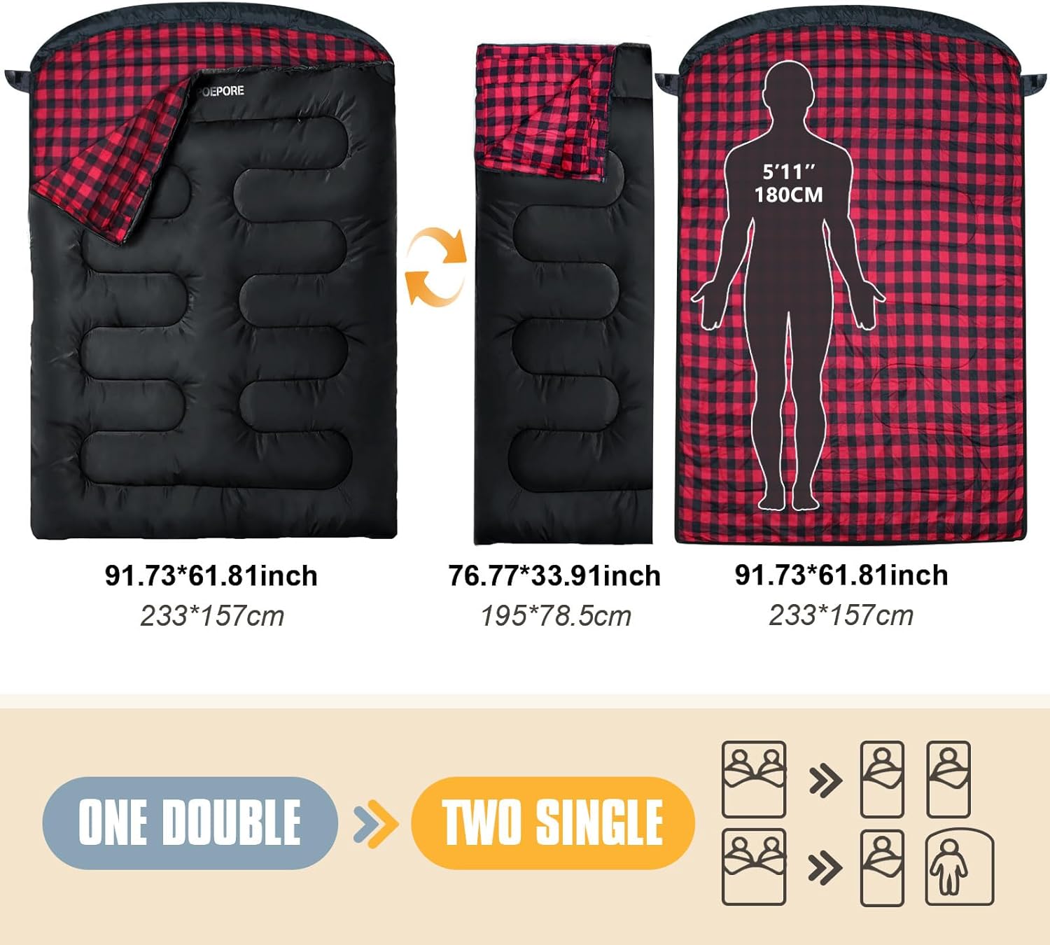 Saco de dormir doble de franela para adultos con 2 almohadas, sacos de dormir para 2 personas, camping, XXL, tamaño Queen, saco de dormir para dos