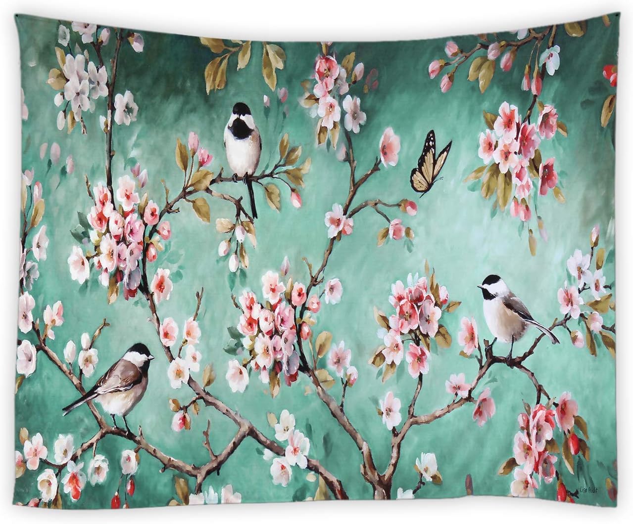 BCNEW Tapiz para colgar en la pared, diseño de flores, pájaros, mariposas, plantas asiáticas, flores y flores, tela de poliéster, decoración de
