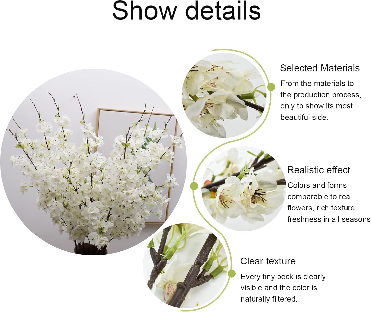 6 ramas artificiales de cerezo de seda de cerezo sintético, tallos altos, flores artificiales para florero, boda, decoración del hogar (blanco)