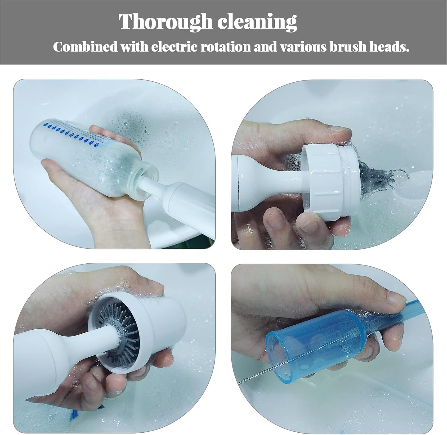 Cepillo de limpieza eléctrico con limpiador de cepillo eléctrico recargable por USB y 3 cepillos de silicona reemplazables para botellas y cepillo