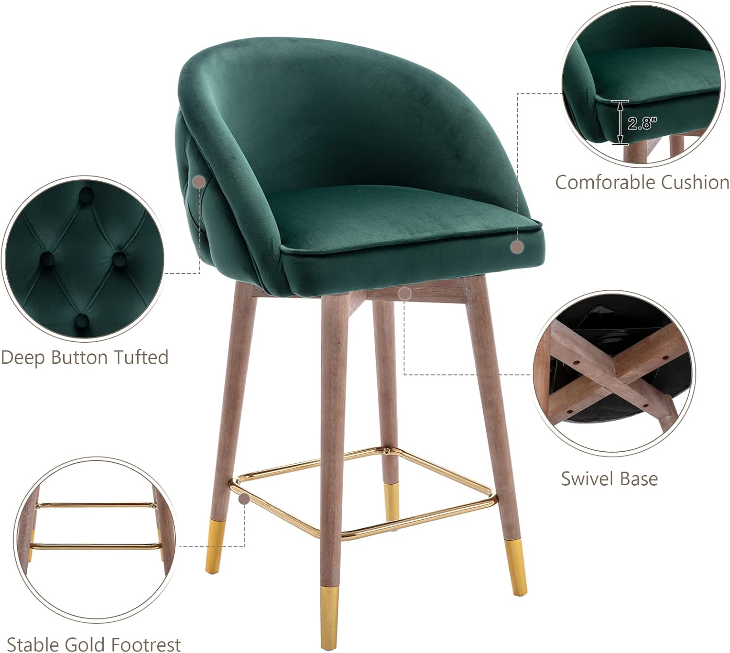 ZHENGHAO Juego de 2 taburetes de bar giratorios, sillas de bar de terciopelo de 26 pulgadas con patas de madera, silla de comedor tapizada para