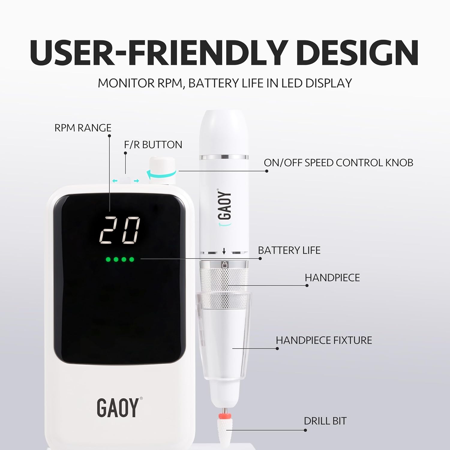 GAOY Taladro de uñas inalámbrico recargable, lima de uñas eléctrica con broca de uñas para uñas acrílicas y de gel, color blanco