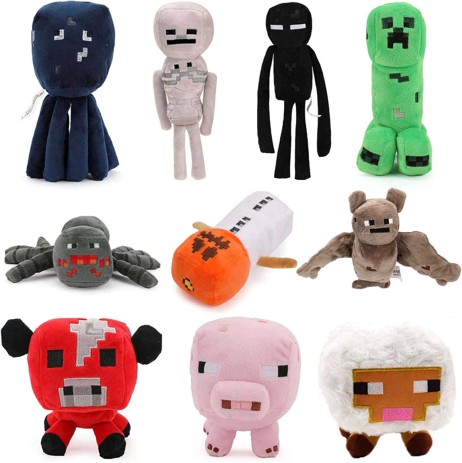 10 juguetes de peluche de enredadera, cerdo bebé, Mooshroom de bebé, gólem de nieve, murciélago, oveja, Enderman, tirador de esqueletos, araña,