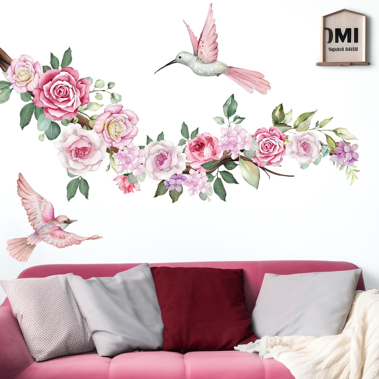 DRWSSR 2 hojas de calcomanías de pared de flores de peonía de acuarela, calcomanías de pared florales de colibríes rosados, calcomanías de pared de
