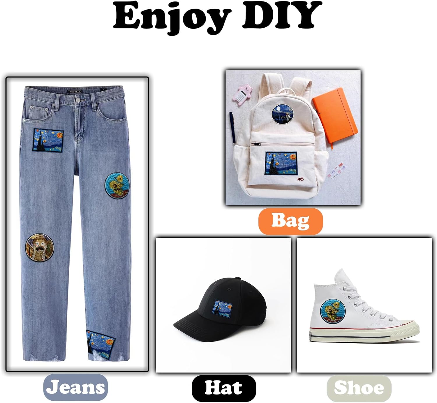 5 parches para planchar con patrón de pintura famosa para mochilas, parches bordados artísticos de alta gama, apliques de bricolaje para chaquetas,