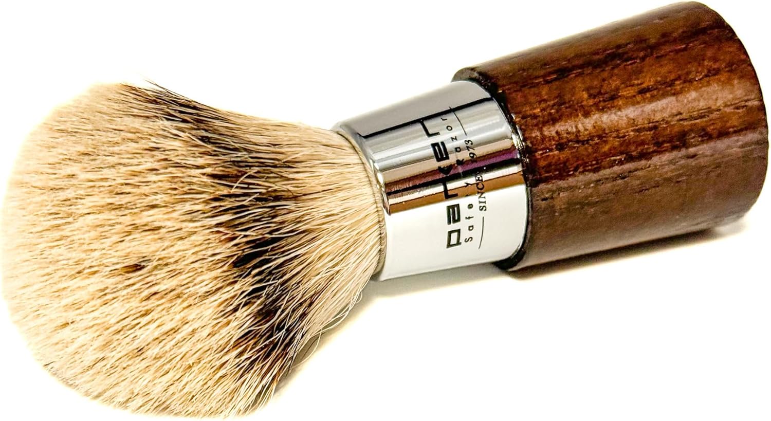 Parker – Brocha de afeitar hecha a mano, 100% de 3 bandas con mango de tejón plateado de nogal y cromo, incluye soporte para cepillo