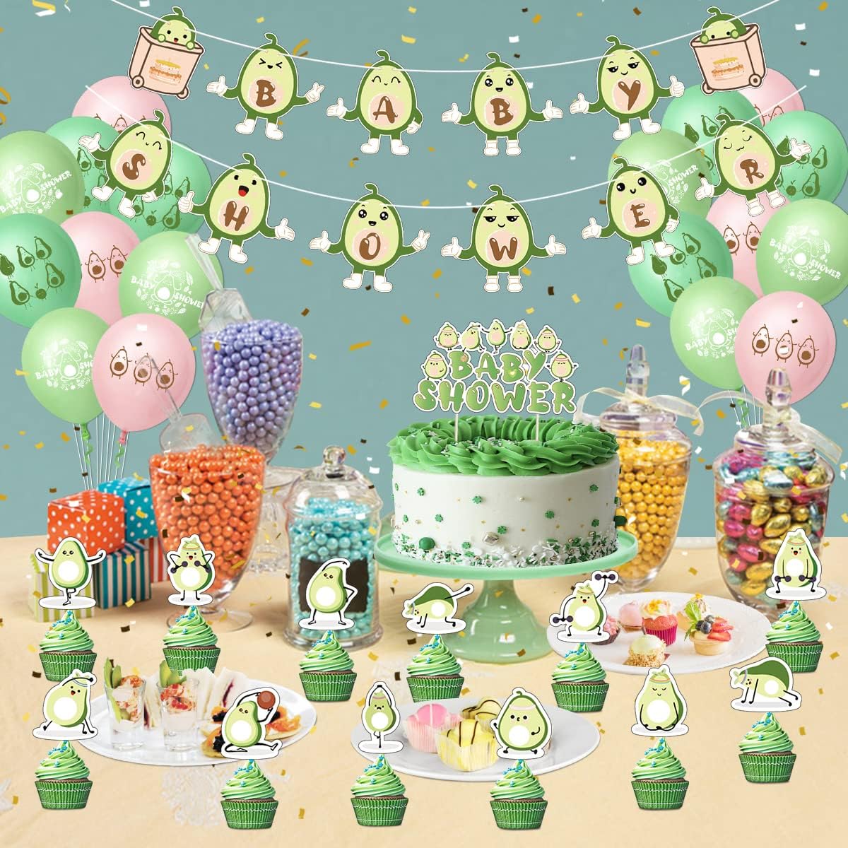 Decoraciones de fiesta de baby shower, tema de aguacate y frutas, suministros para fiesta de baby shower, pancartas de baby shower, 18 globos de