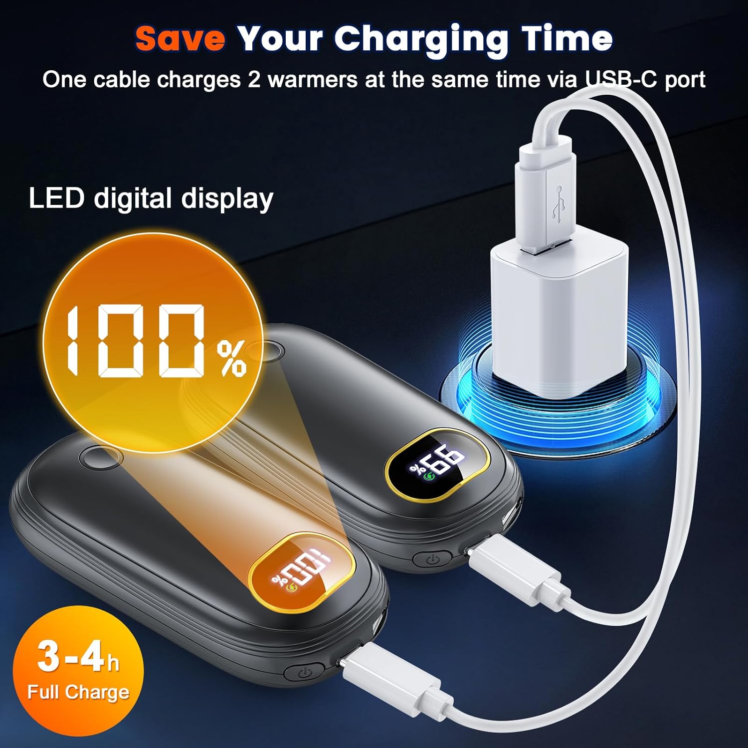Calentadores de manos recargables, calentador de manos eléctrico de 14000 mAh, paquete de 2 unidades de calefacción de doble cara, 17 horas de calor