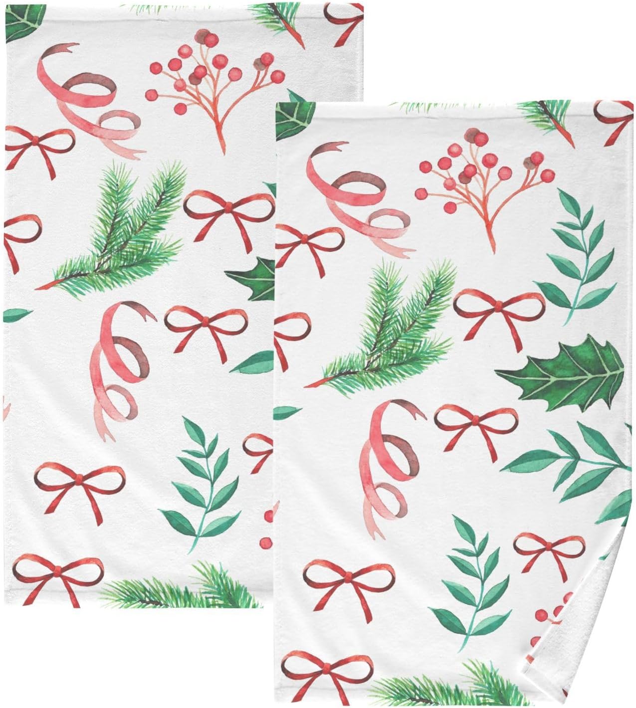 ZOEO Christmas Leaves and Berries Bath Hand Towels 2 Pcs Absorbent Face Towel Soft Breathable Cotton Towel Set for Bathroom Kitchen Hotel Spa Decor