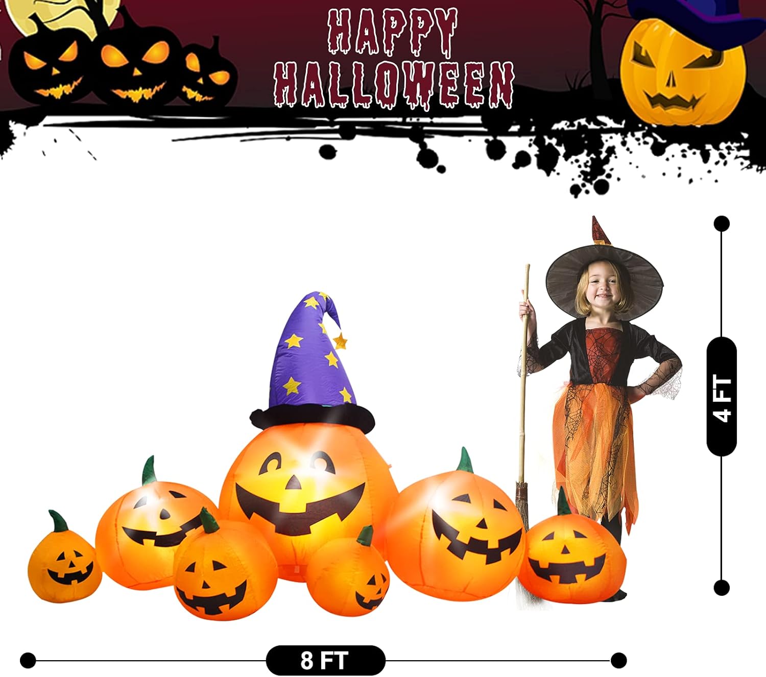 Evoio Calabazas inflables de Halloween de 8 pies para decoración al aire libre, calabazas inflables de patio y sombrero de bruja con luces LED