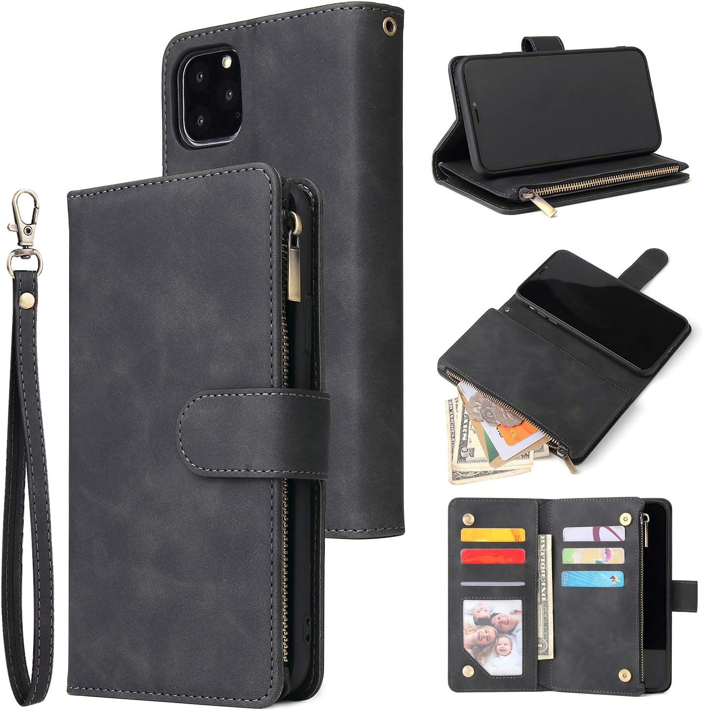 UEEBAI Wallet Case for iPhone 11 6.1 inch, Premium Vintage PU Leather Magnetic Closure Handbag Zipper Pocket Case Kickstand Card Slots with Wrist