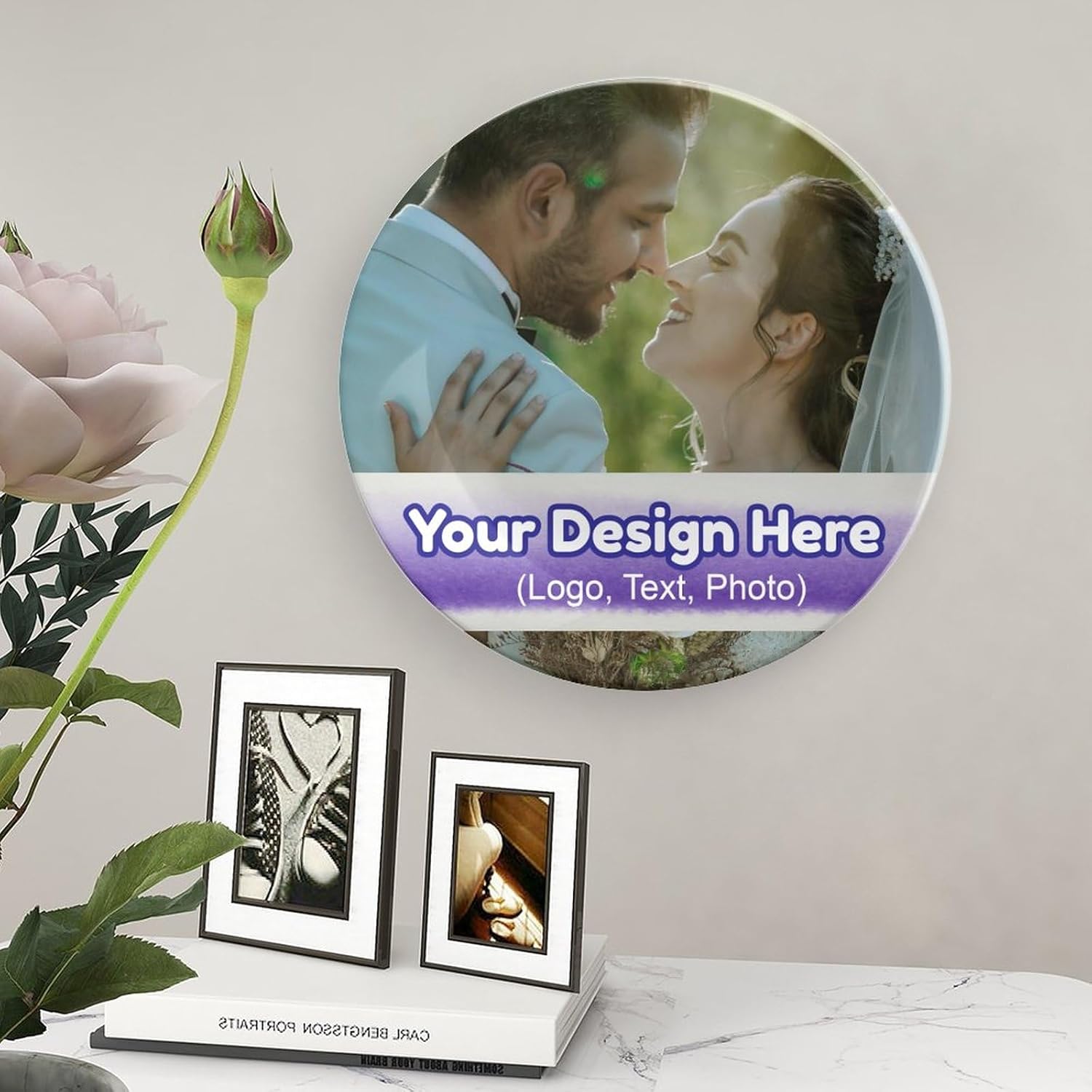 Plato decorativo personalizado para fototexto con soportes, platos llanos de porcelana personalizados con imagen, foto personalizada en plato, crea