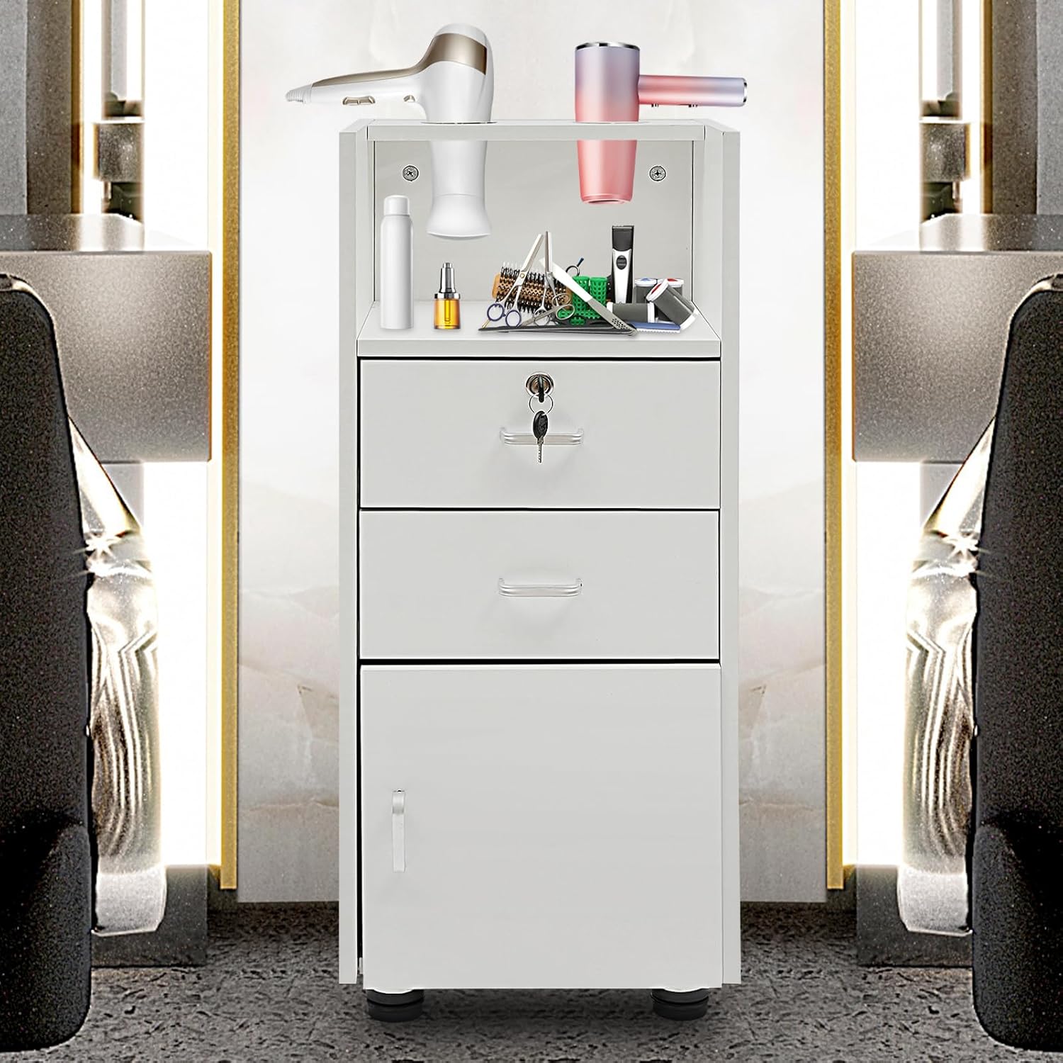 YETINGSHOP Barber Stations – Armario de almacenamiento con cajón y ruedas, carrito de peluquería para estilista, estación de estilista con 2