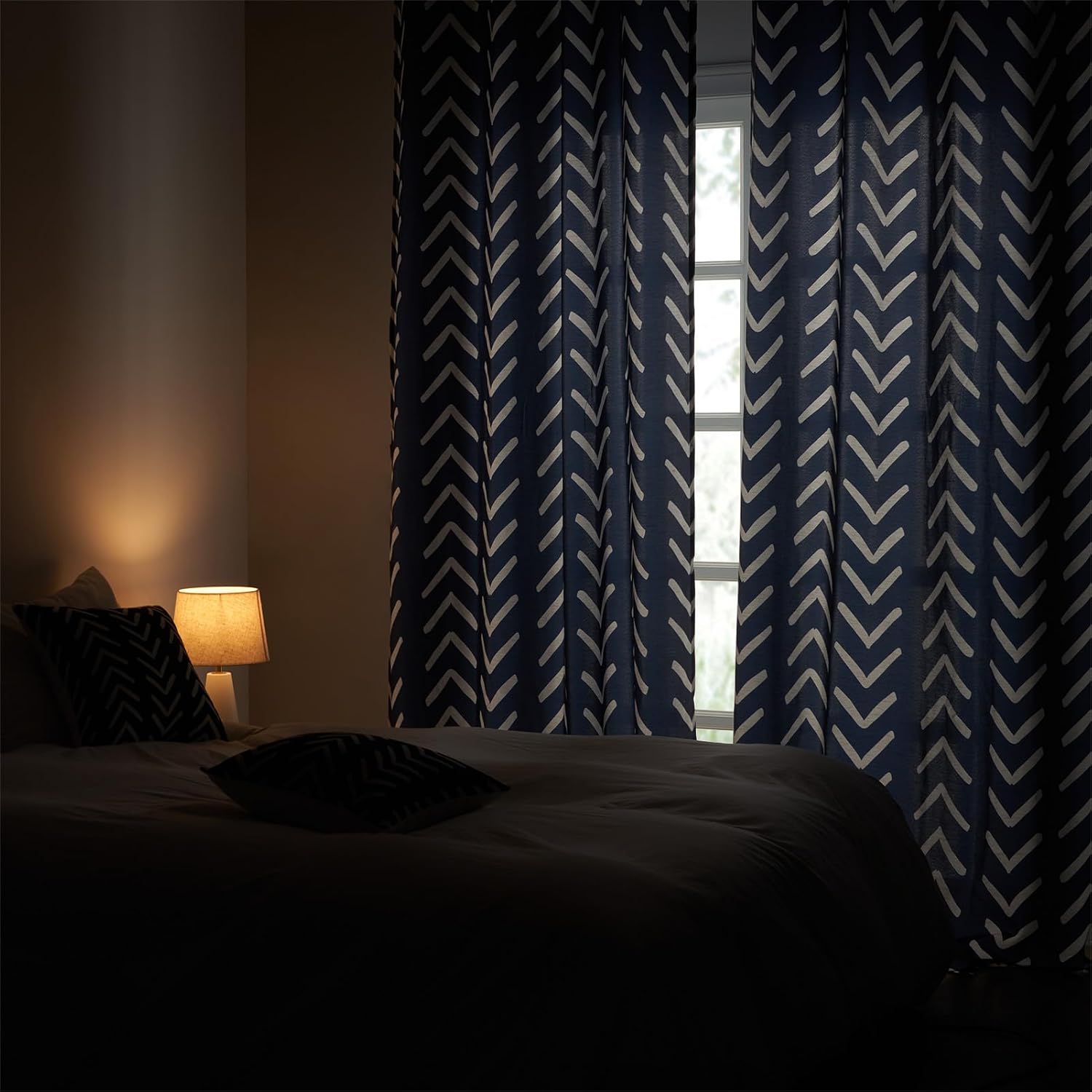 Topfinel Cortinas de lino con patrón azul y blanco con ojales de 63 pulgadas de largo para dormitorio, cortinas bohemias modernas con patrón bohemio
