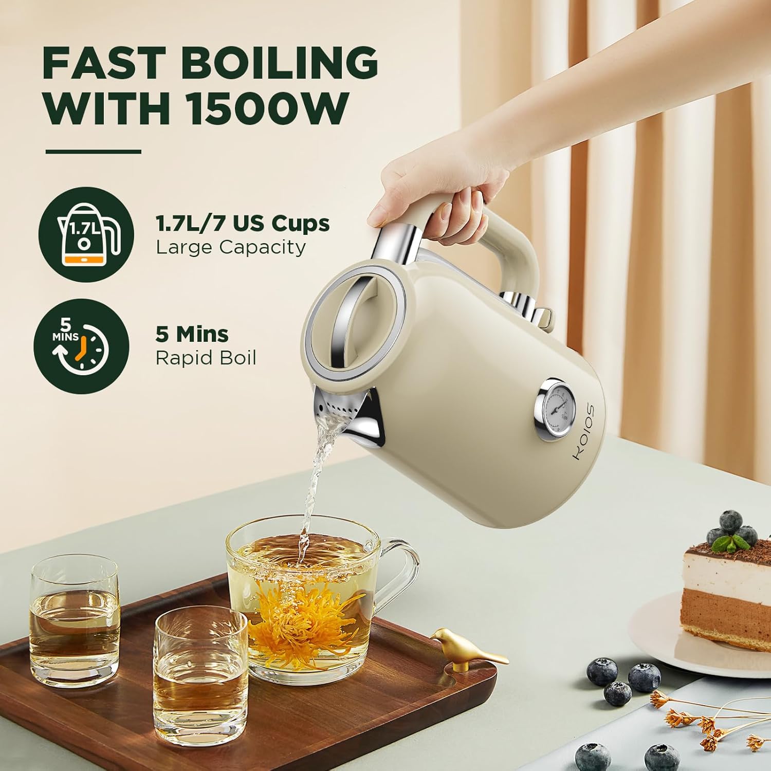 KOIOS – Hervidor de té eléctrico con termómetro, caldera de agua rápida de acero inoxidable sin BPA de 1.7L 1500 W con indicador LED, olla de té