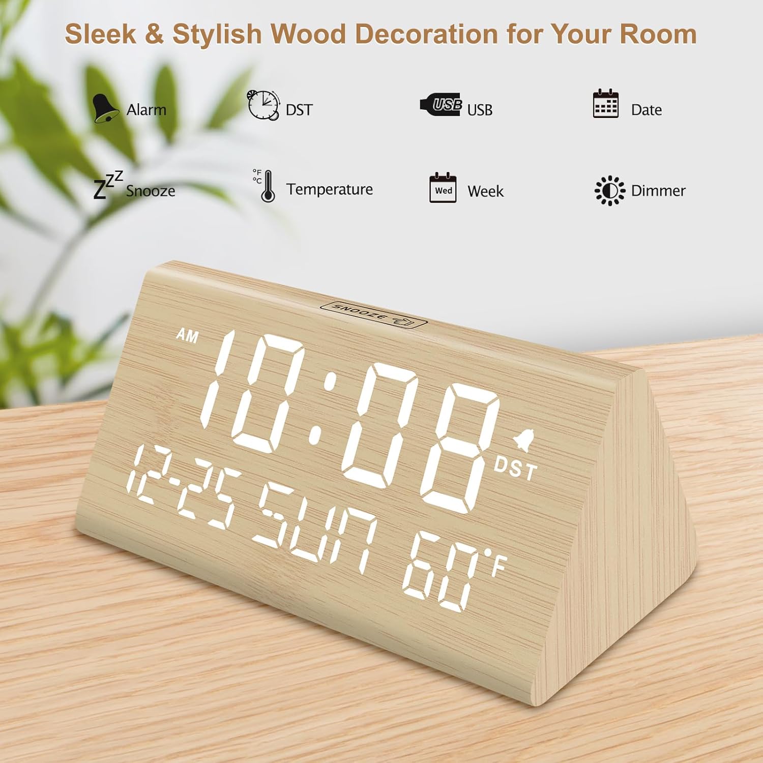 DreamSky Digital Alarm Clocks for Bedrooms – Wooden Electric Clock with USB Ports, Date, Weekday, Temperature, 0-100% Brightness Dimmer, Adjustable
