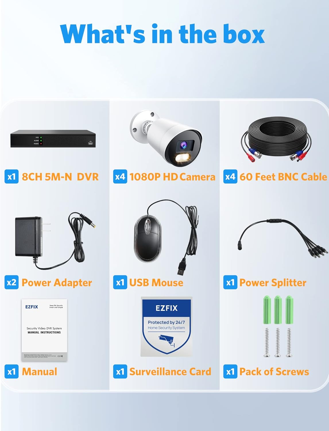 EZFIX H.265+Sistema de cámara de seguridad con cable, 8CH 5MP CCTV DVR y 4 cámaras tipo bala de 1080p para exteriores e interiores, cámaras de