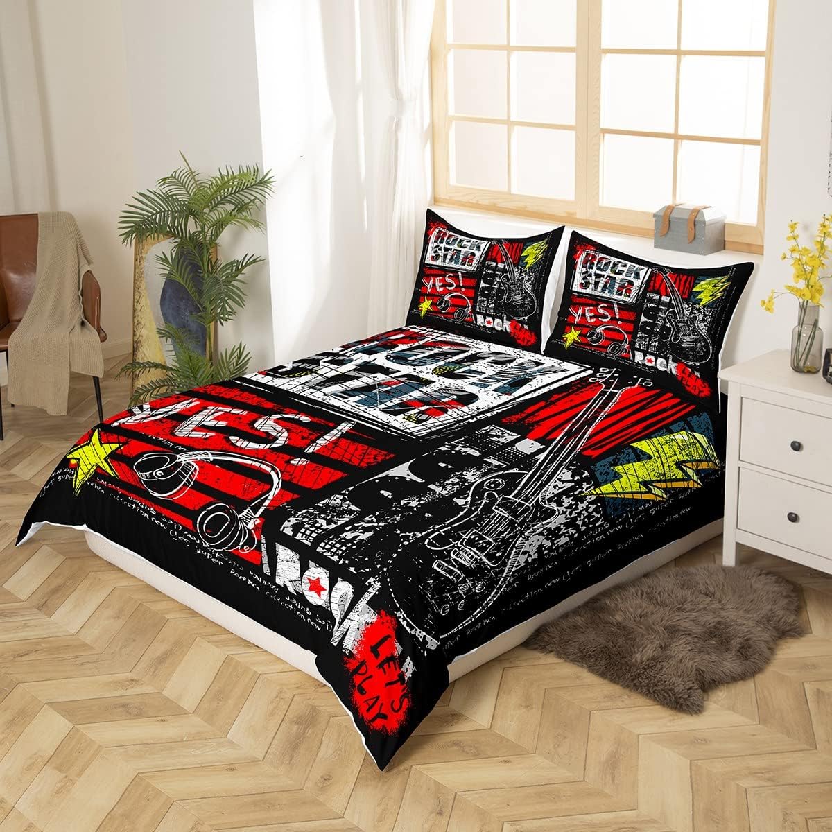 Manfei Juego de funda de edredón con diseño de rock roll, juego de ropa de cama de 3 piezas con estampado de auriculares y guitarra, para decoración