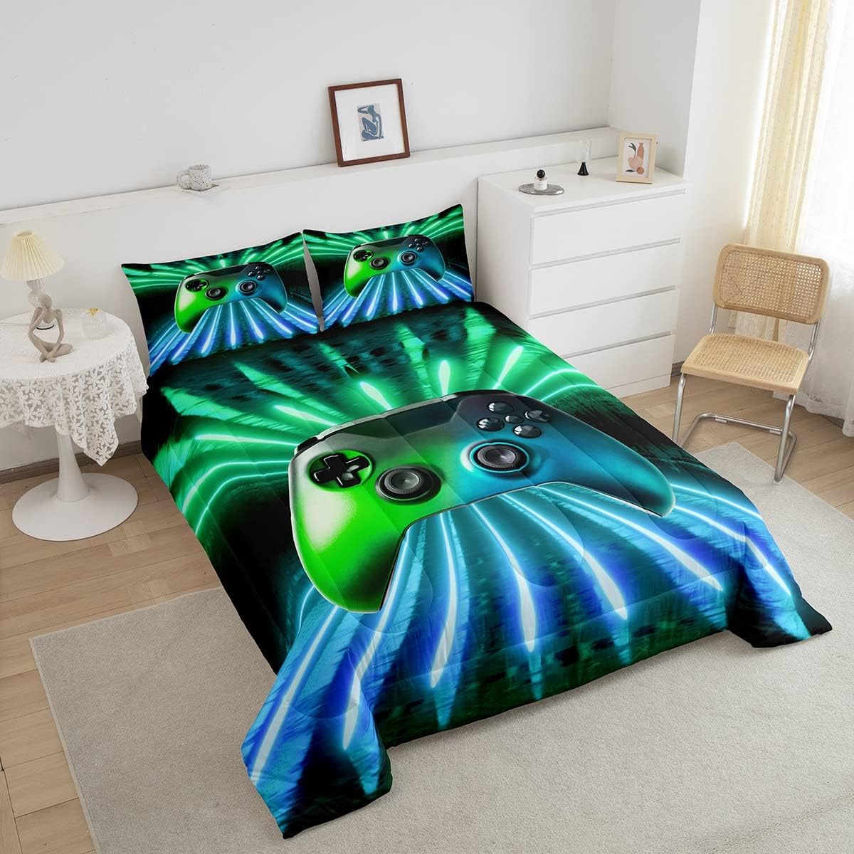 Erosebridal Juego de edredón con estampado de consola de videojuegos, color verde y azul, juego de ropa de cama tamaño Queen moderno con estampado