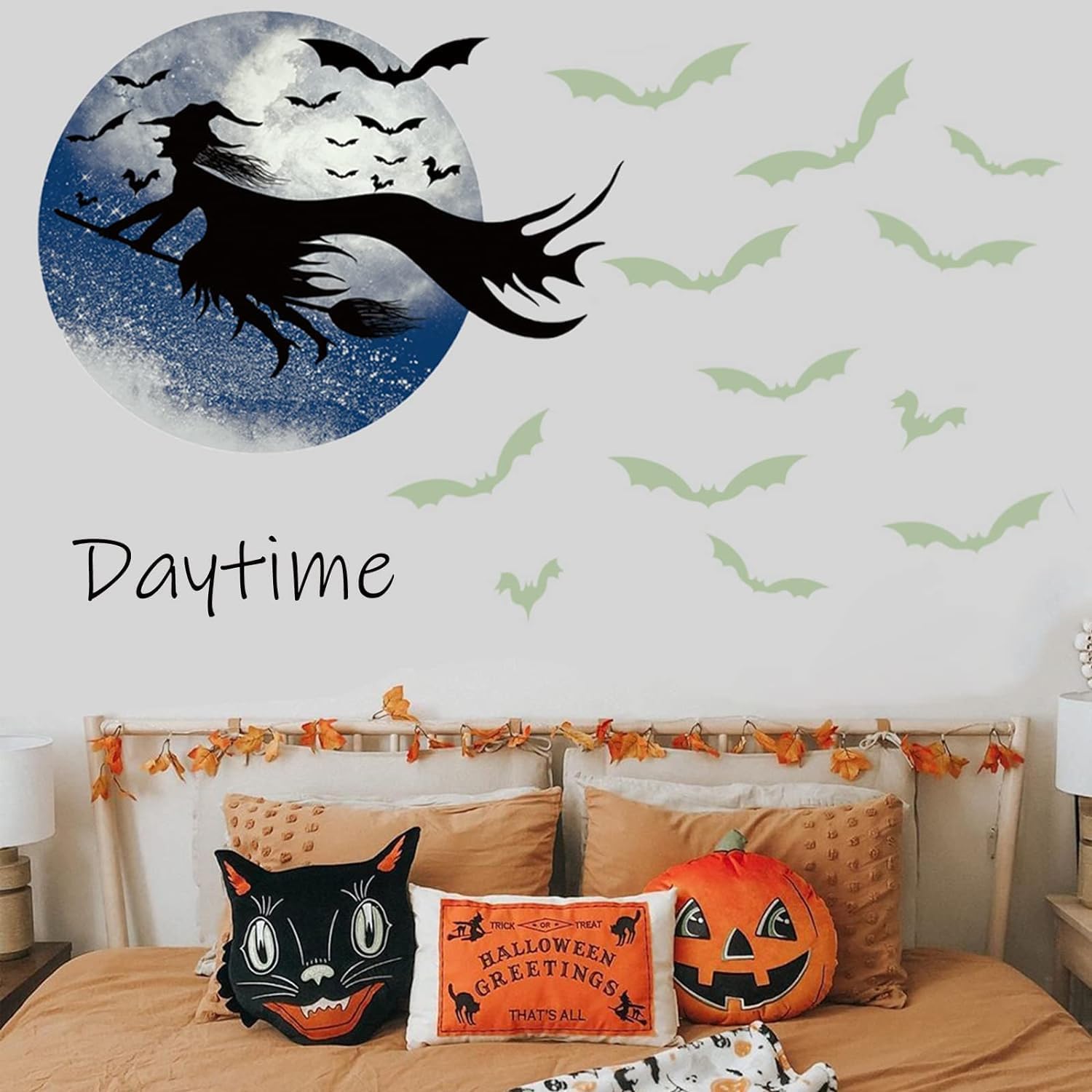 Calcomanías de pared de Halloween que brillan en la oscuridad, diseño luminoso de bruja, murciélago de Halloween, calcomanías de decoración de