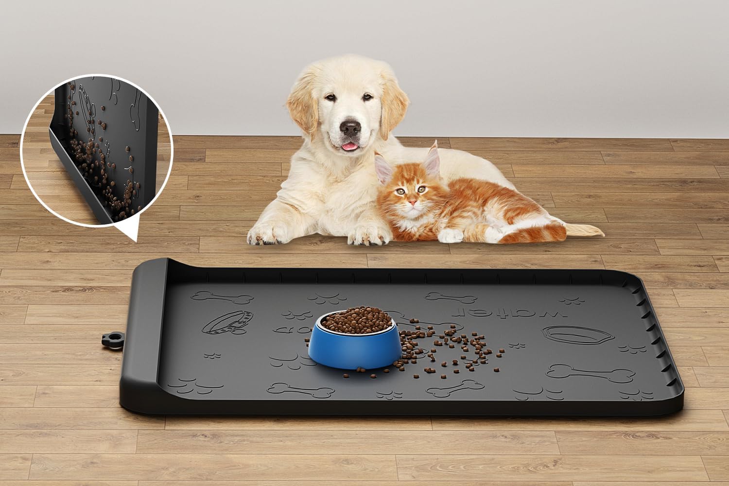 Tapete de silicona para comida y agua para perros de 28 x 20 pulgadas con bolsillo para recolección de residuos, tapete impermeable para cuenco de