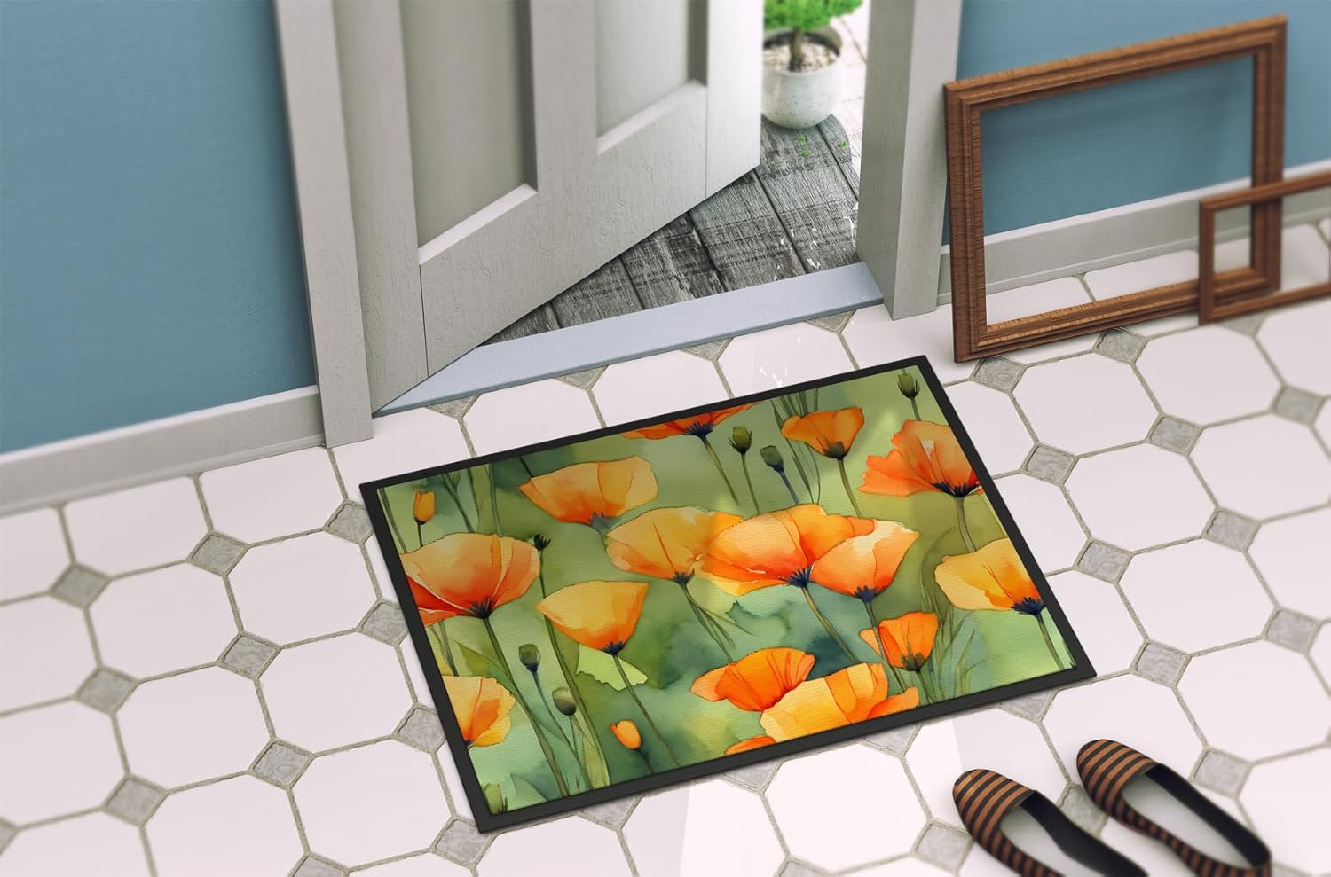 Caroline’s Treasures DAC1630MAT – Tapete para puerta delantera de California California amapolas en acuarela de 18 x 27 pulgadas, tapete para