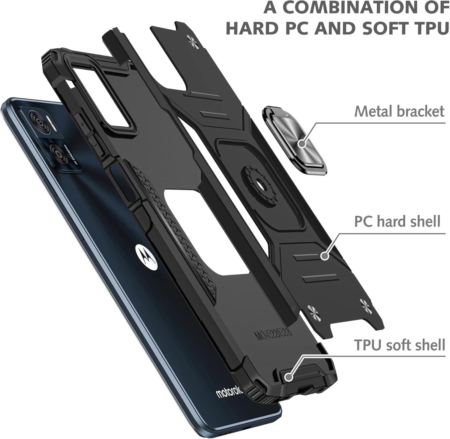 Asuwish Funda de teléfono para Motorola Moto E22E22i 4G con protector de pantalla de vidrio templado y soporte de anillo delgado híbrido protector