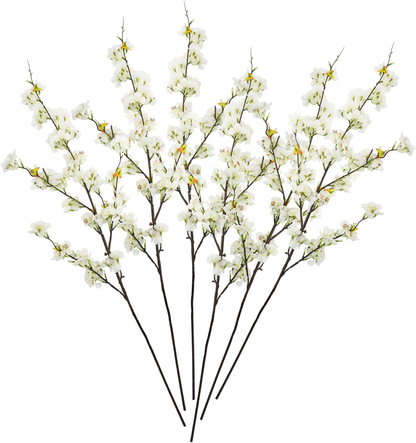 6 ramas artificiales de cerezo de seda de cerezo sintético, tallos altos, flores artificiales para florero, boda, decoración del hogar (blanco)