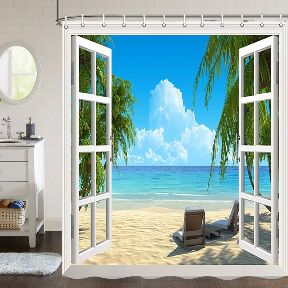 Cortina de ducha con escena de playa, cortina de ducha de playa tropical, escena de playa, isla del océano, palmera, decoración de baño, cortina