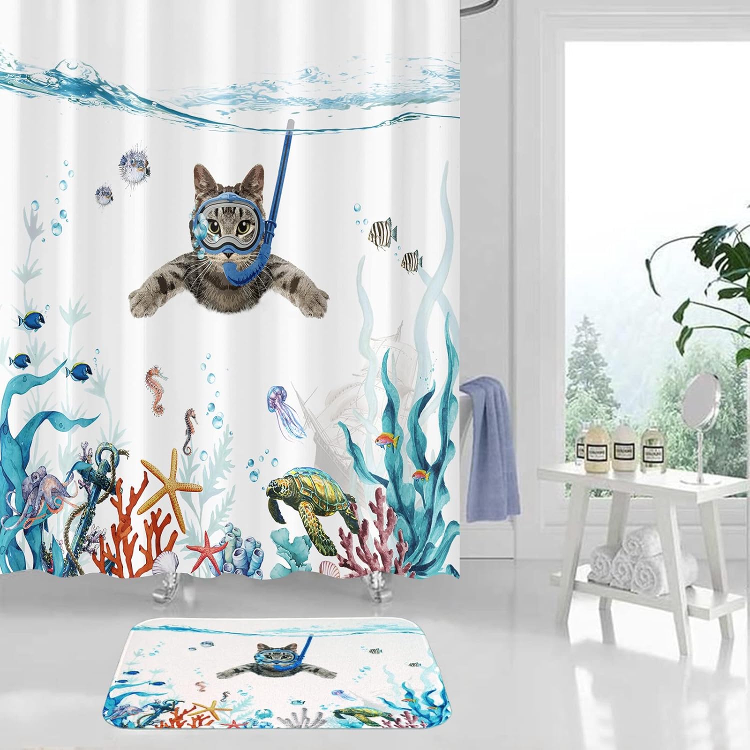 Fowocu Divertidas alfombras de baño con diseño de gatos, diseño de animales marinos y océanos, absorbentes de agua, antideslizantes, de microfibra