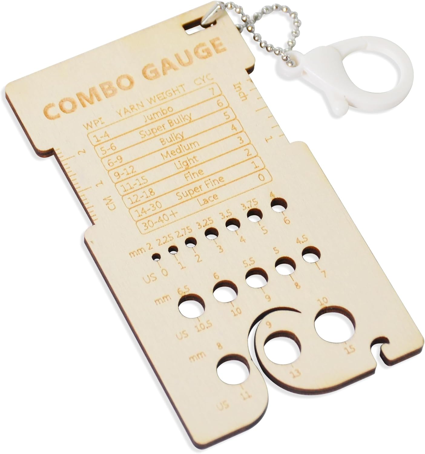 UPTTHOW Medidor de aguja de tejer de madera, tarjeta de control giratoria, regla combinada multifuncional para hilanderos, herramientas de medición