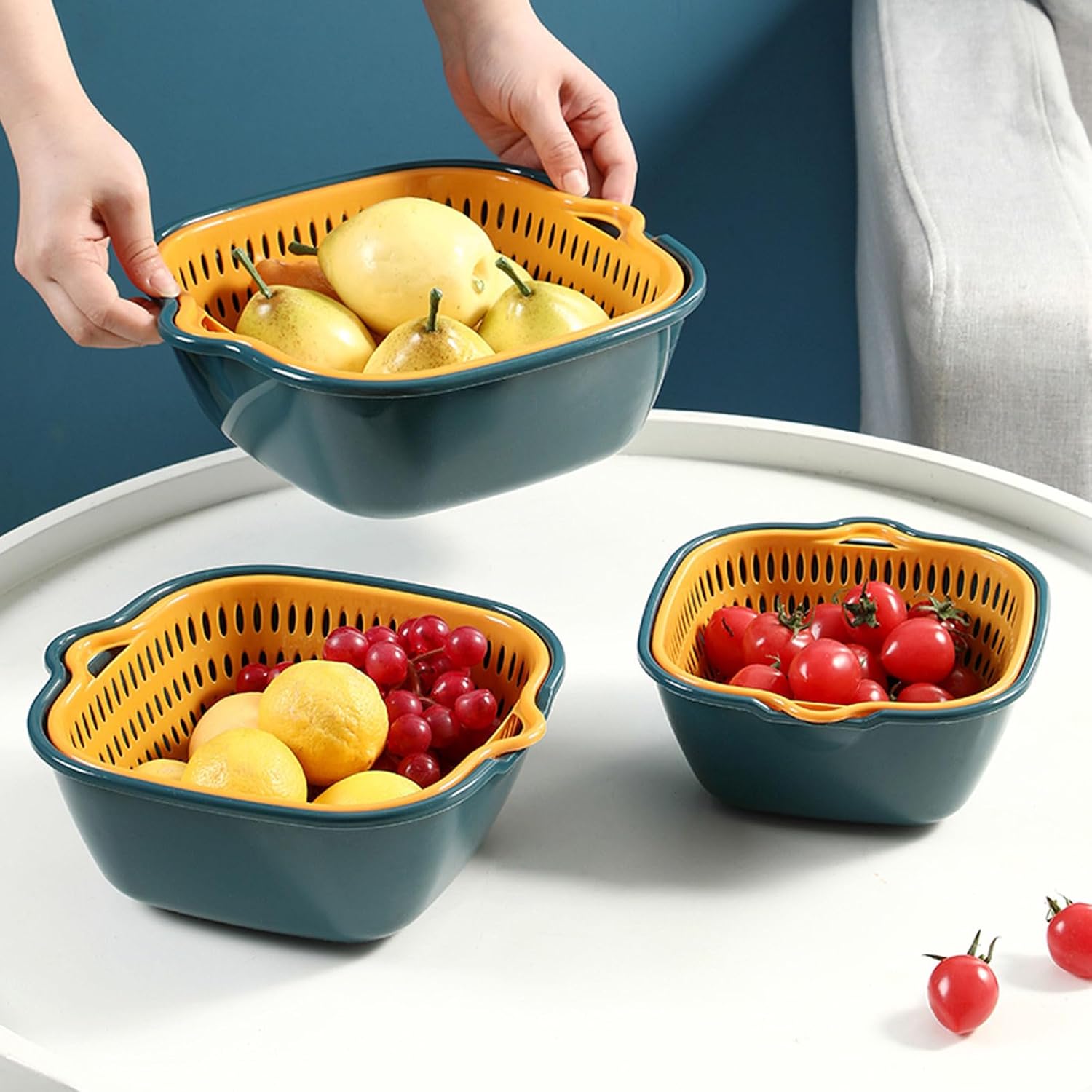 Lavabo de cocina de seis piezas en cesta de doble capa, cesta de lavado de plástico multifuncional para verduras y frutas, para el hogar y la cocina
