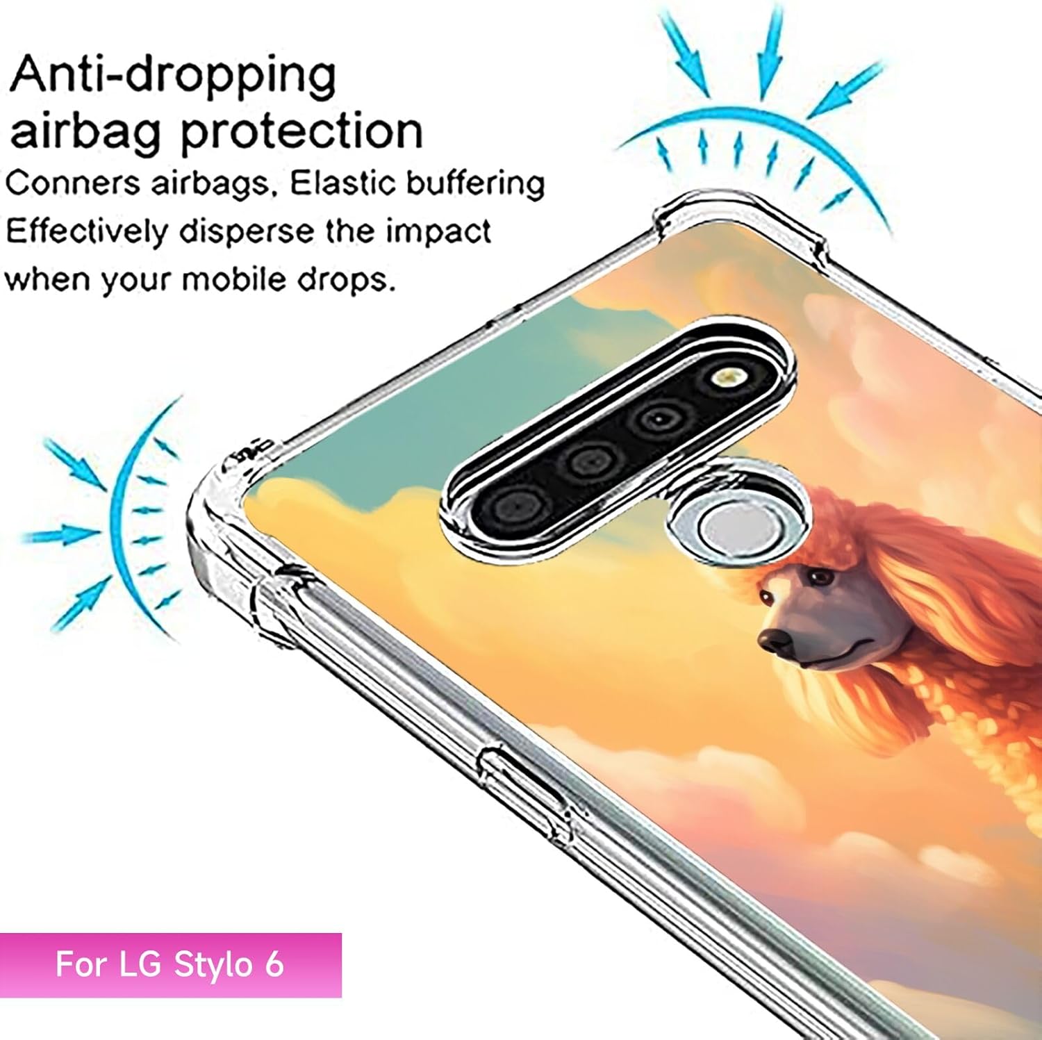 DAFEI Funda transparente para LG Stylo 6 con diseño de perro caniche aa10, bolsa de aire transparente de cuatro esquinas, reforzada contra arañazos