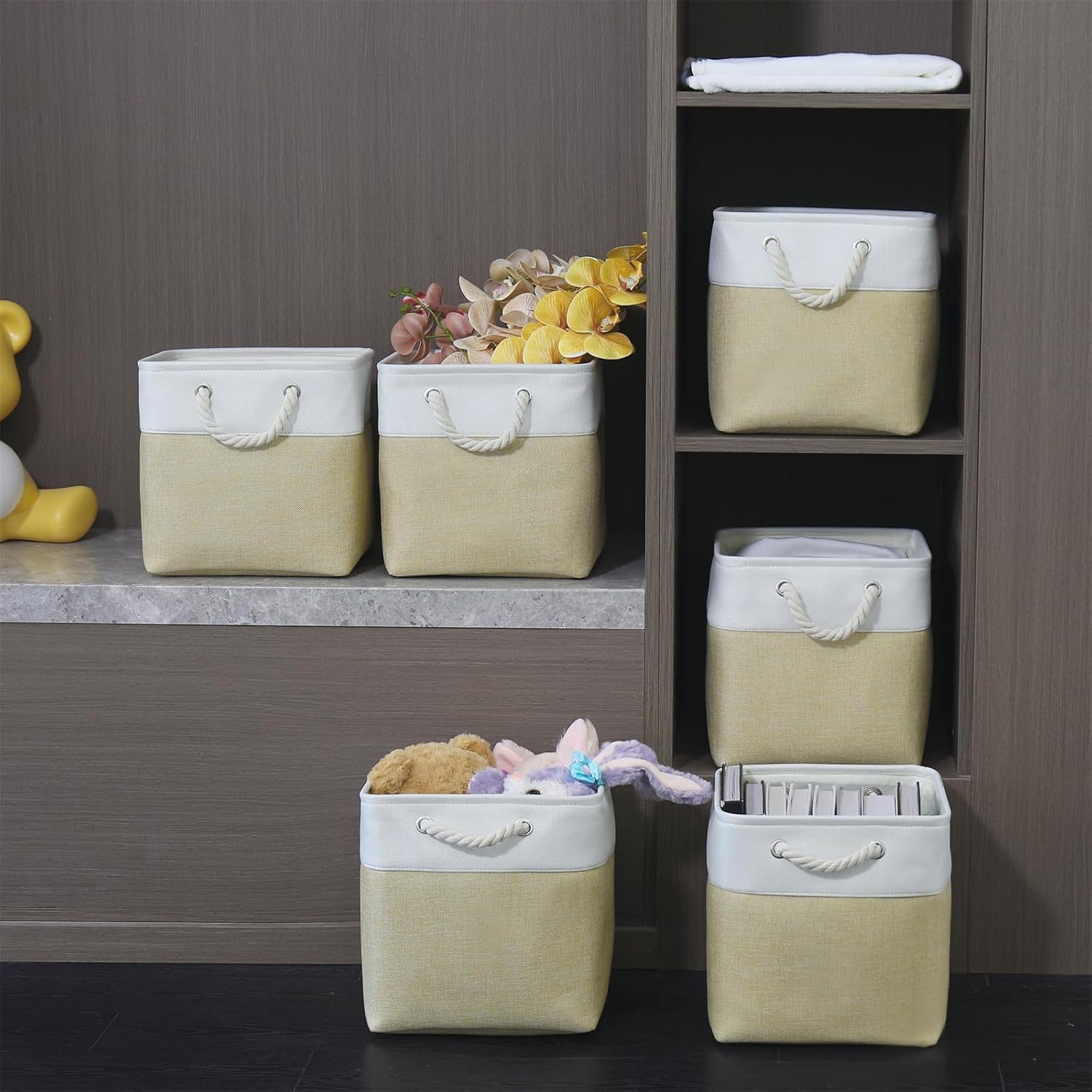 Contenedores grandes de almacenamiento de 11 x 11 pulgadas con asas de algodón para armario, estantes, ropa, juguetes, toallas (blancobeige, paquete