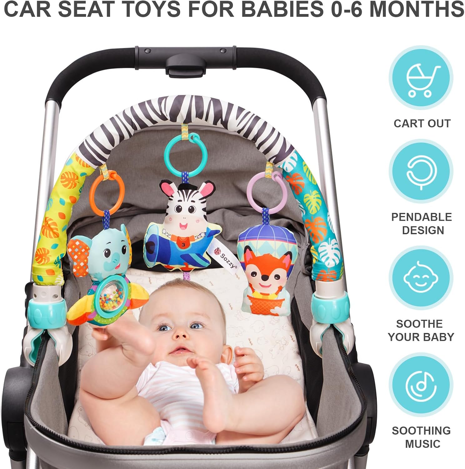 Koty Juguete de arco de cochecito de bebé, juguetes de asiento de automóvil para bebés de 0 a 6 meses, juguete de arco de actividad con accesorios