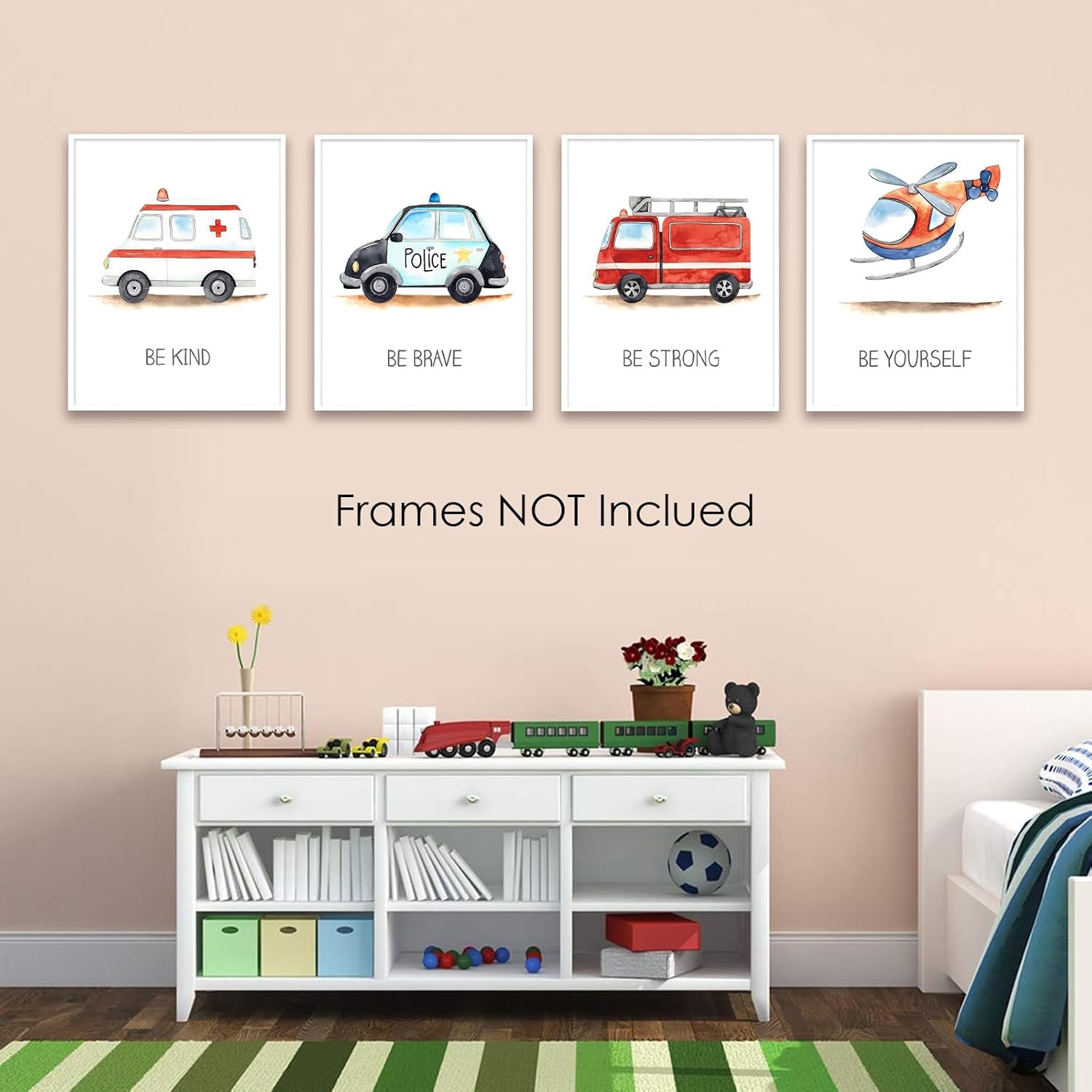4 piezas de arte de pared de vehículo de emergencia para decoración de habitación de niños, sin marco, lindo camión de bomberos, ambulancia,
