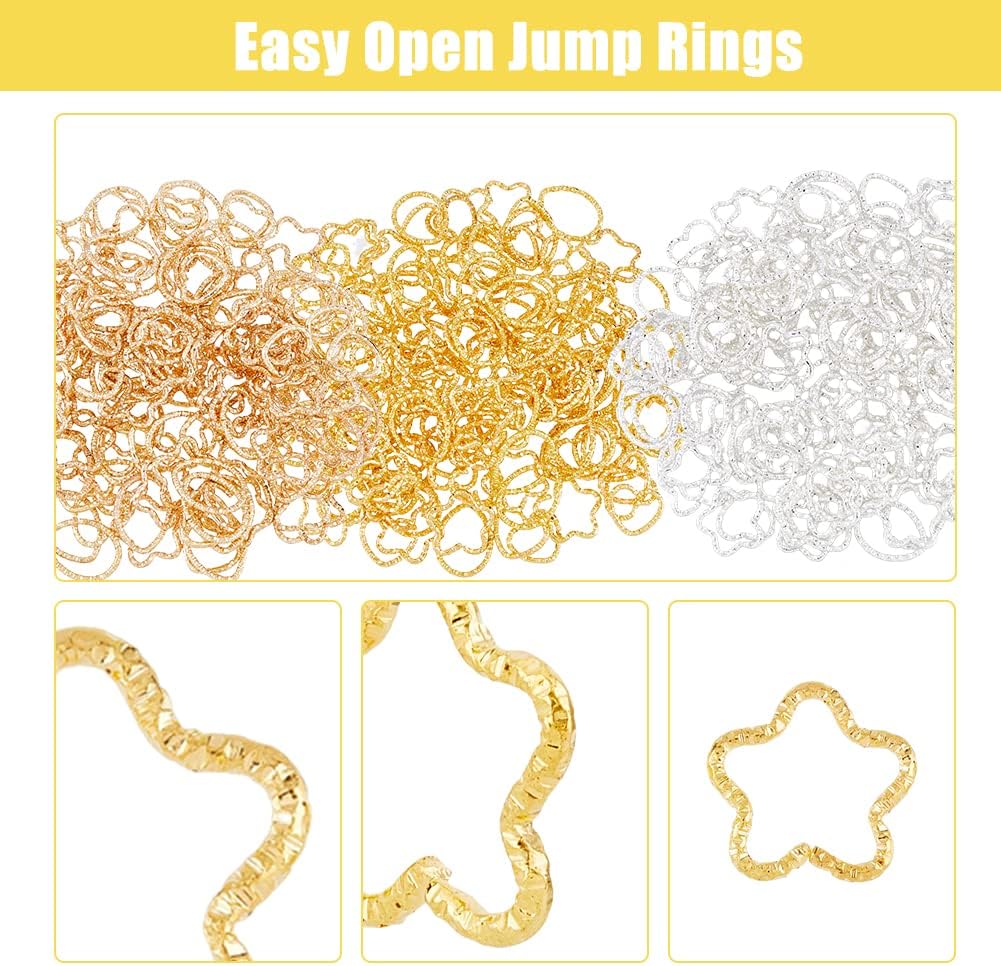 SUPERFINDINGS 450 piezas de 3 estilos de anillos de salto abiertos de 3 colores con forma de lágrima hueca estrella corazón marco conector metal
