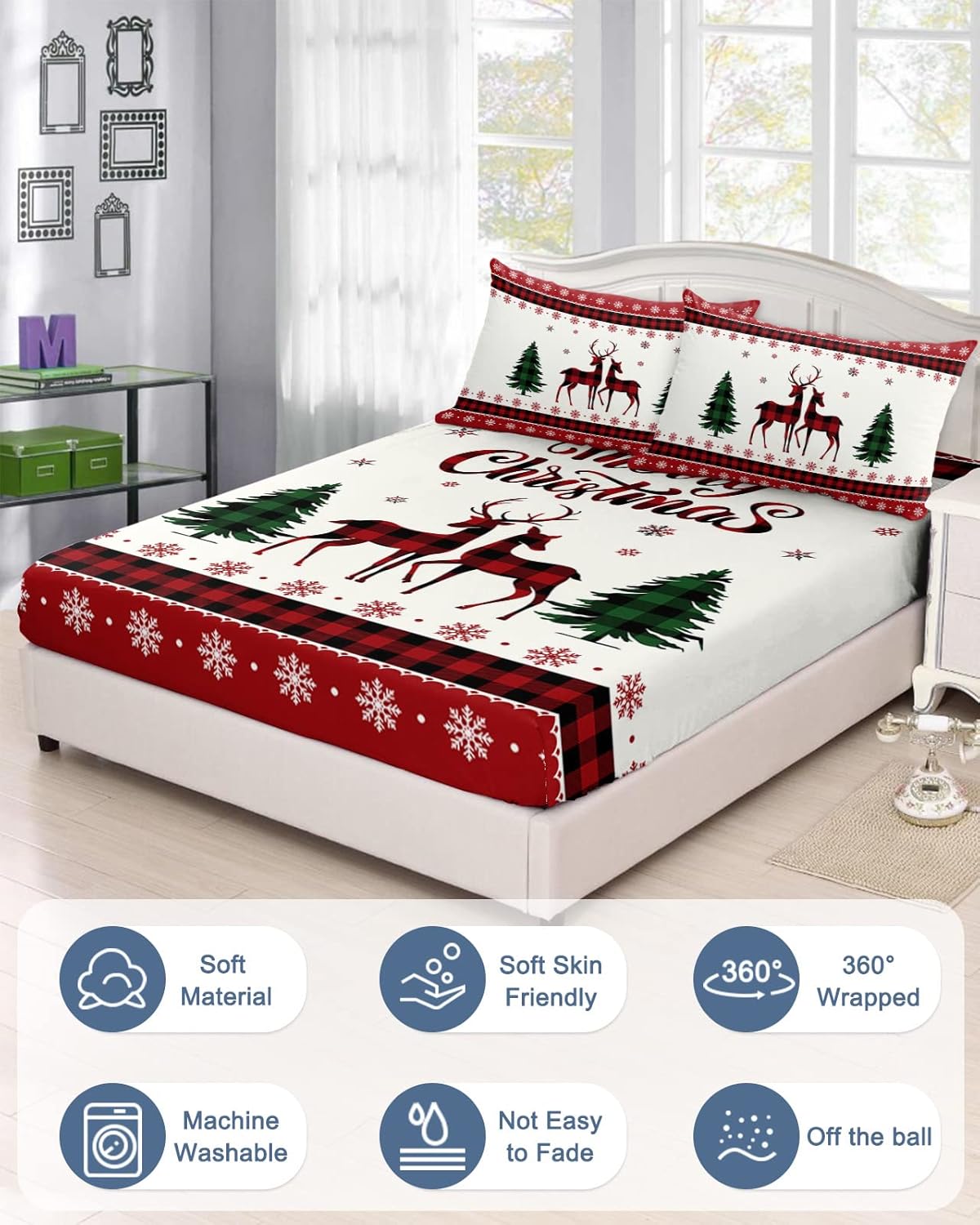 Christmas Reindeer Green Pine Tree Twin XL Fitted Sheets Deep Pocket Up to 16″, White Snowflake on Red Border Soft Single Mattress Cover with 1
