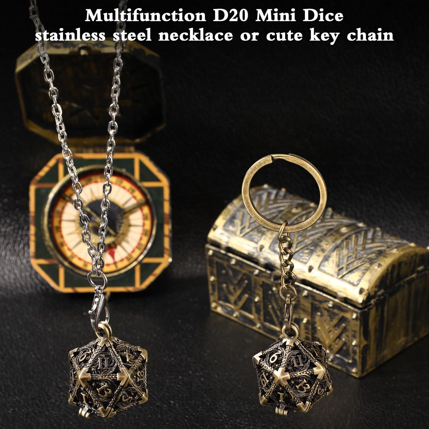 Syhood Juego de dados pequeños, 7 piezas de dados pequeños de metal hueco D20, collar D20, llavero, juegos de mesa para juegos de rol, regalo