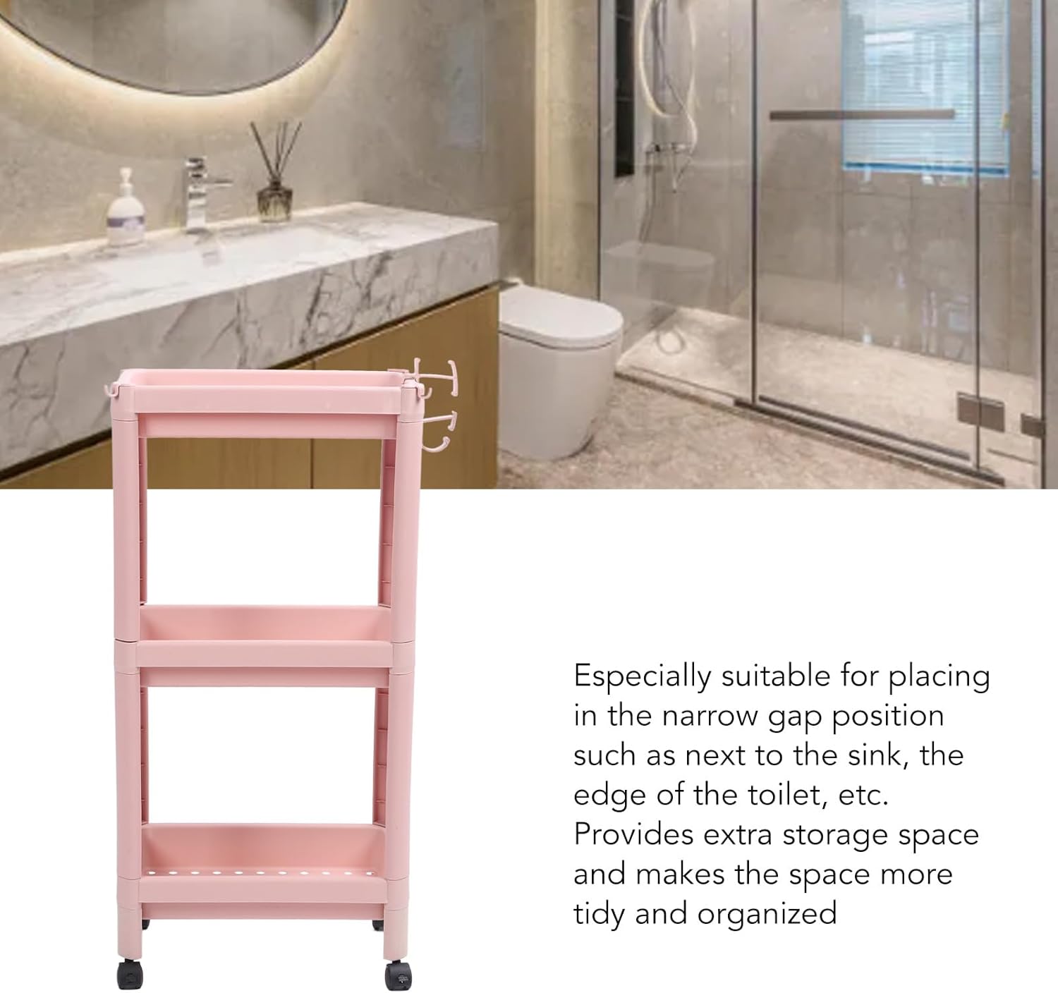 TUWEI Estantería de pie, estante multifuncional de varios niveles para dormitorio, color rosa resistente (3 capas (con ruedas))